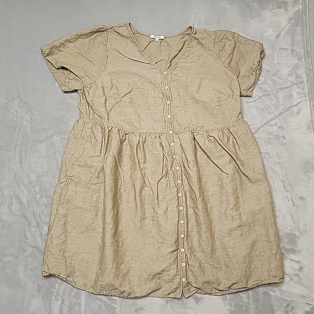 Madwell Dress Womens 2X Brown Button Down Linen Blend Babydoll Mini Short Sleeve